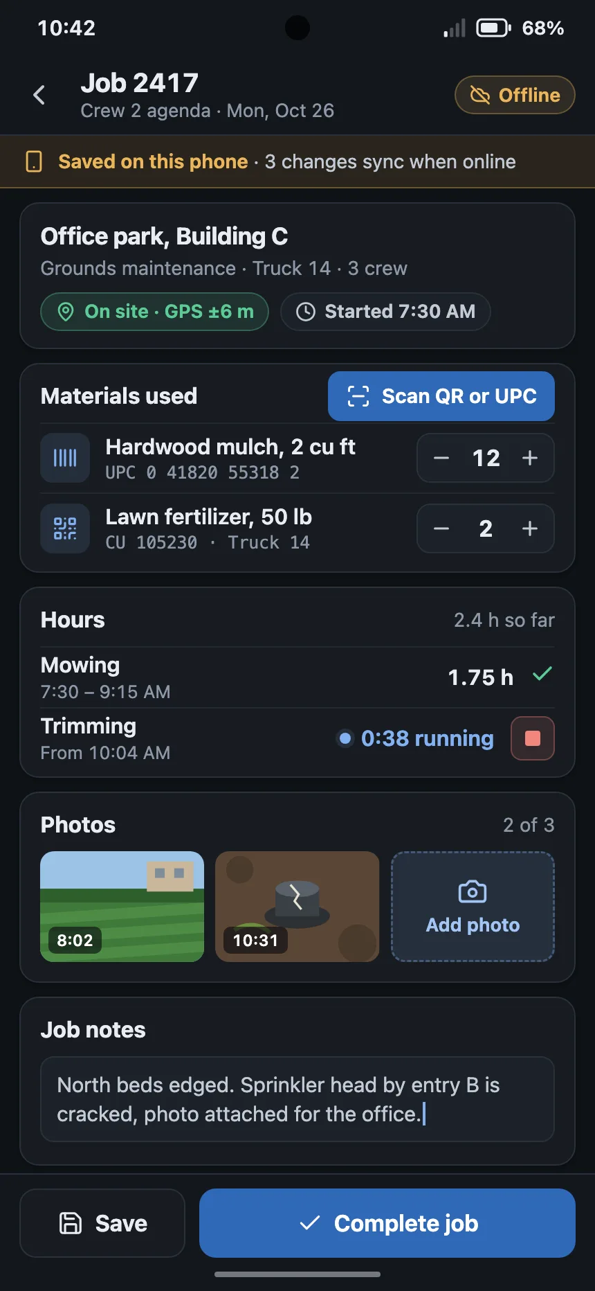 Concept screen with invented data: Gimbal on a phone, capturing a service job with a QR or UPC scan, material counts, job hours with a running timer, two of three photos and job notes, saved on the phone until it is back online.